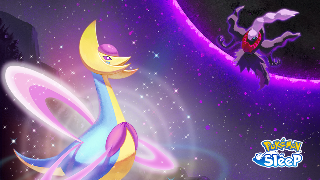 In a purple sky filled with shimmering starts, a glowing Cresselia looks up to a Darkrai that seems to be floating down from another planet. The image is very dark and moody. In the bottom left corner is the Pokémon Sleep logo