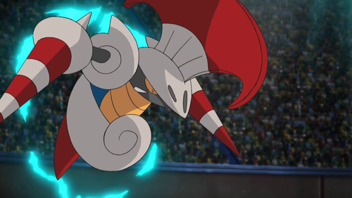 An Escavalier prepares an attack in a Pokémon stadium, it is surrounded by glowing blue electricity is prepares to unleash