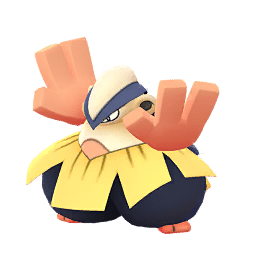 A large, bulky Pokémon with a sumo-wrestler-like appearance. It has a deep blue lower body, thick muscular arms with large orange hands, and a yellow upper body. Its head features a crest-like structure, and it has wide, powerful legs built for stability.