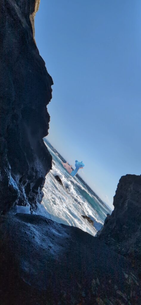 A Lapras swims away between two cliffs on a cold winters day by the sea