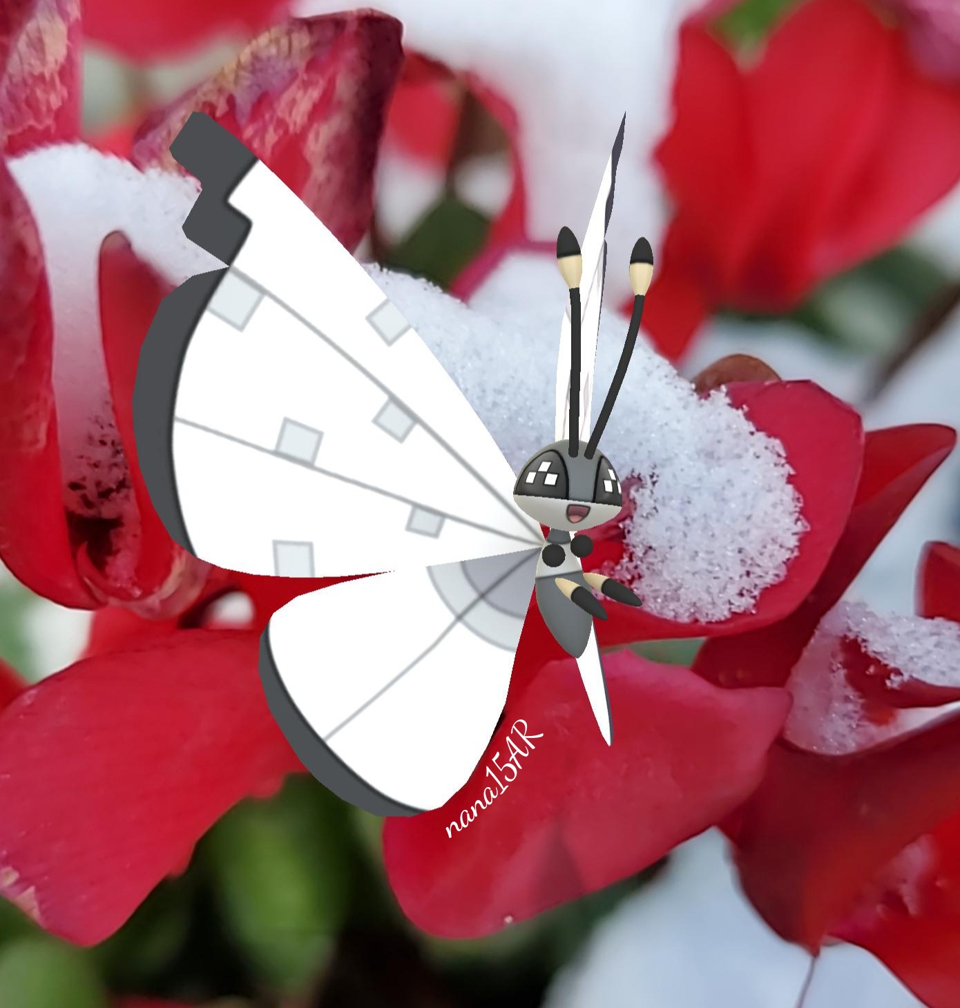 An Icy Snow Vivillion smiles amongst red flowers covered in snow