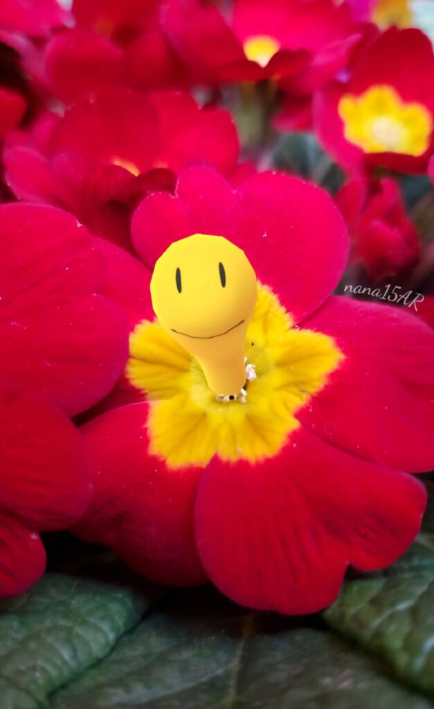 A Shuckle's head peeks out the centre of a red and yellow pansy