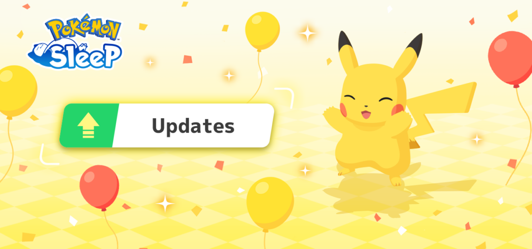 A yellow banner has an excited jumping Pikachu on the right. On the top left is the Pokémon Sleep logo. Below that is a banner reading 'Updates'. Several red and yellow balloons and party confetti are falling from the sky.