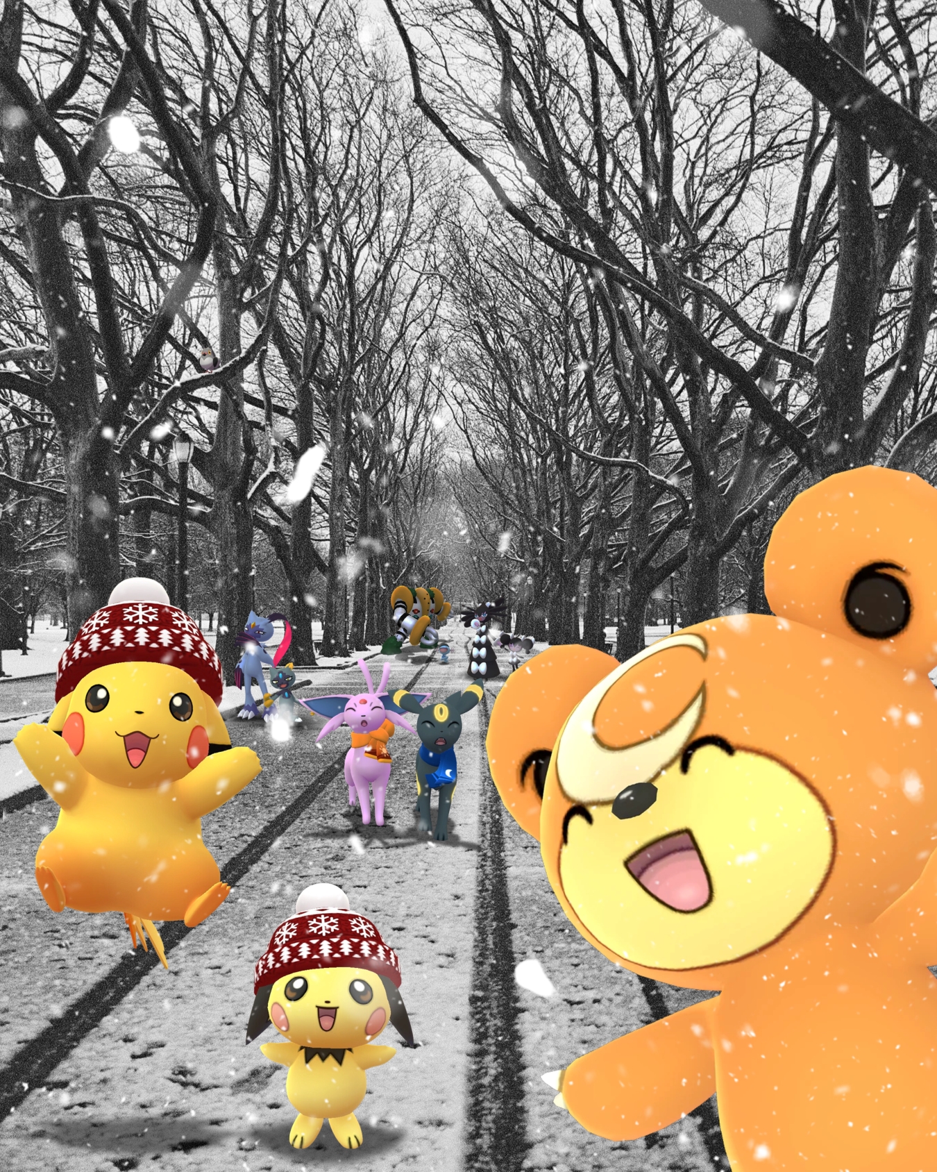 On tracks in a snowy Central Park, a Teddiursa, beanie hat Pichu, beanie hat Pikachu, Scarf Espeon and Scarf Umbreon appear