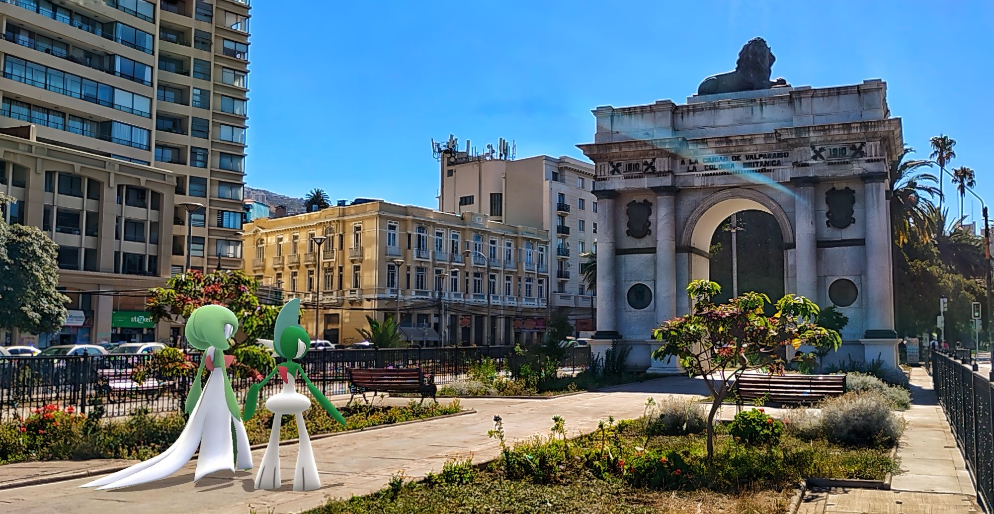 A Gardevoir and Gallade look towards a beautiful historical arch