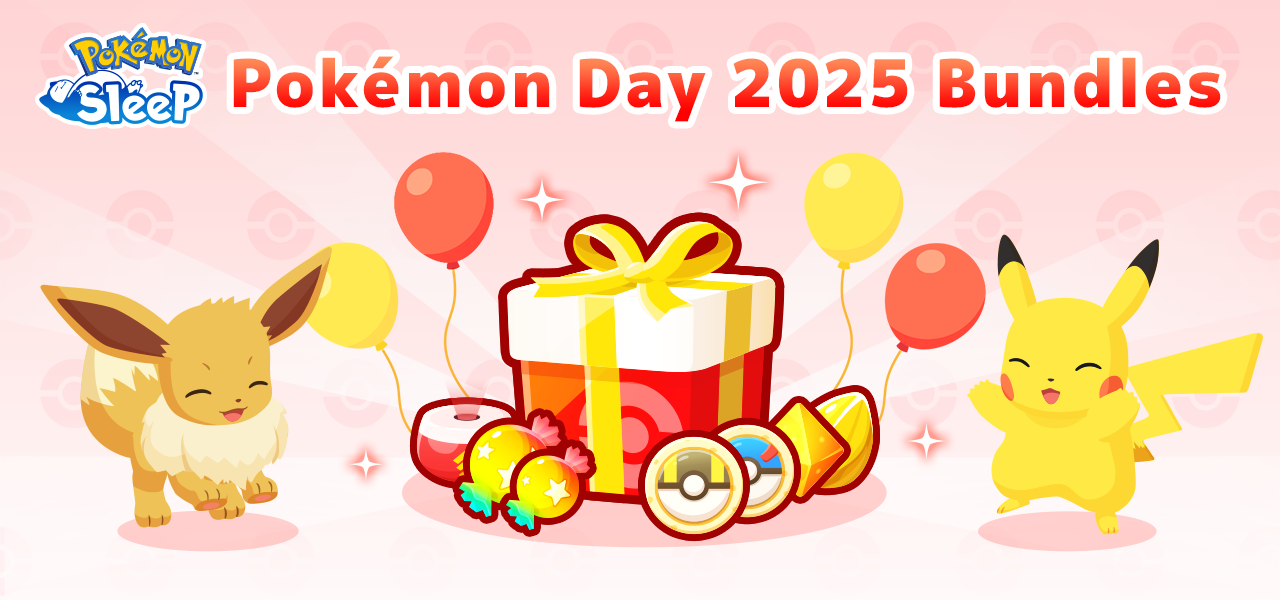 On a pale red and white striped background, an Eevee and Pikachu dance in excitement. In the centre is a red and white present with yellow ribbon, with Pokémon candy, biscuits and incense around it. In the top left is the Pokémon Sleep logo. Text across the top in red reads Pokémon Day 2025 bundles
