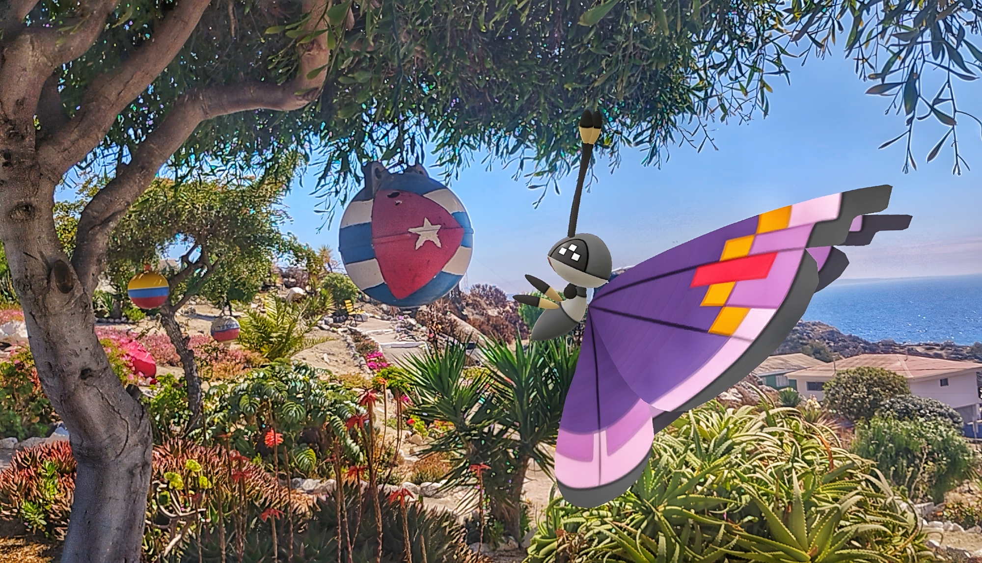 On a beautiful summery day, a Vivillon flies towards a ball suspended from a tree
