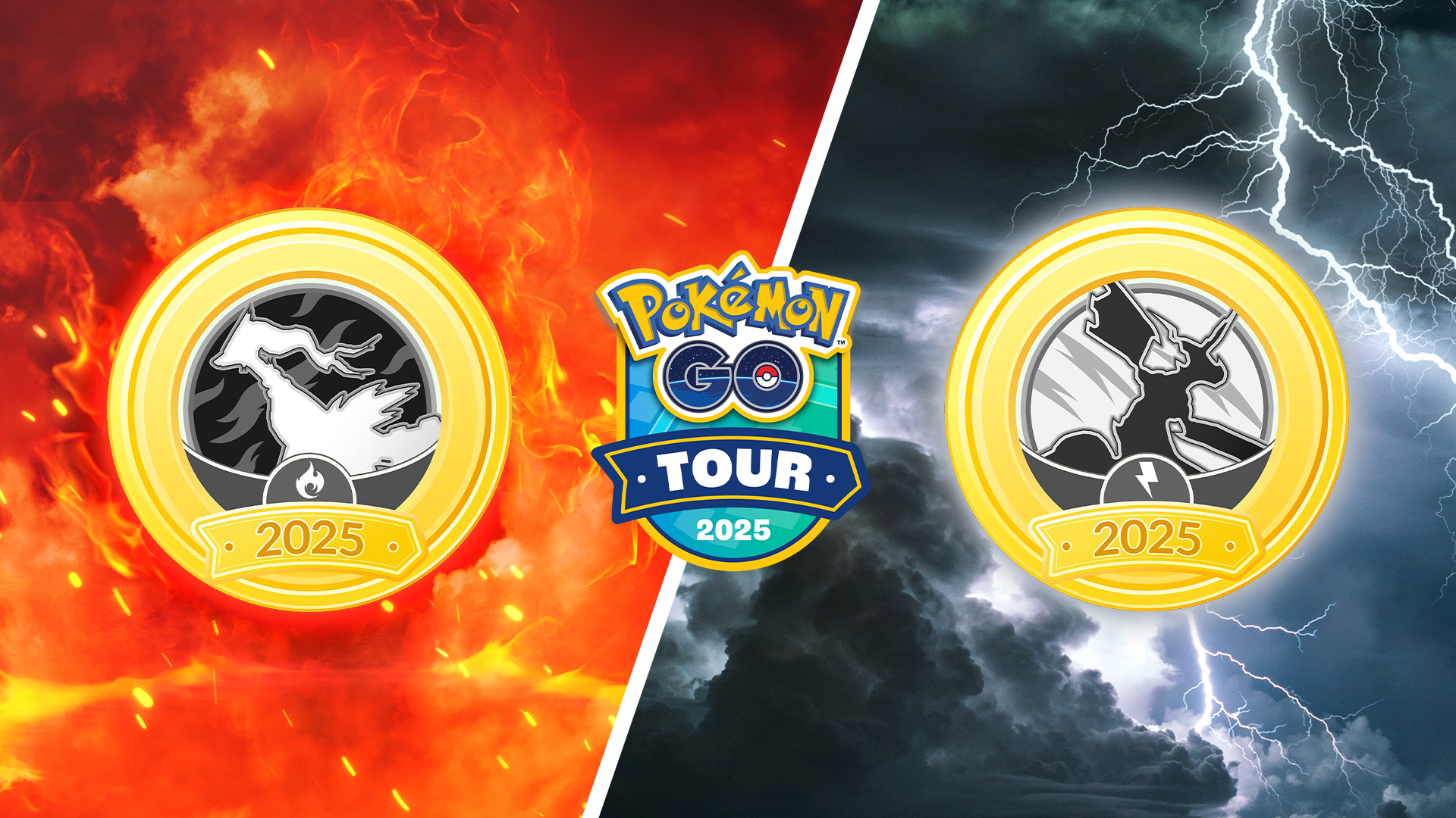 A banner is split in two via a diagonal central white line. In the centre of the image is the Pokémon GO Tour 2025 logo. On the left side is a firey background, with a medal on it with a gold trip, black background, and a white Reshiram in the centre. On the right is a black stormy lightening background, with a gold medal, with white background and black Zekrom in the centre of it.