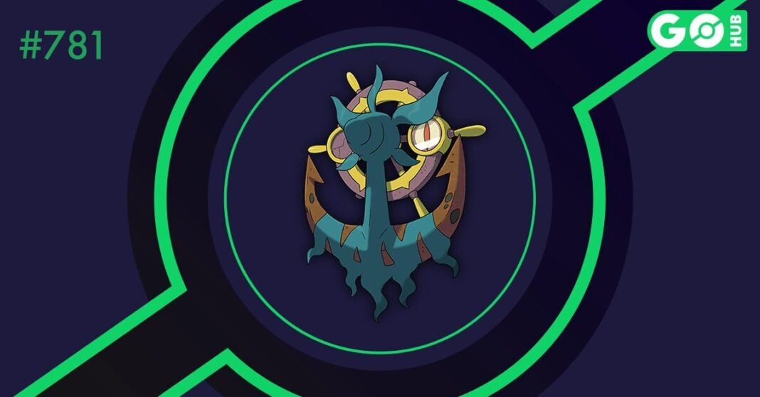 A Dhelmise is pictured on a very deep blue background, with a green circle around it. In the top right corner is the GOHub logo. On the right is its Pokédex number #781