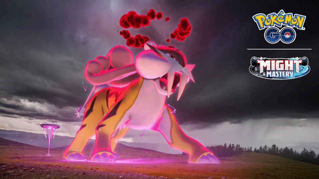 a Dynamax Raikou roars! It is on a rocky mountain top, with a dark looming sky and clouds swirling above. In the top right corner are the Pokémon GO logo,and the Might and Mastery Season logo