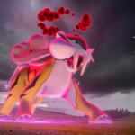 a Dynamax Raikou roars! It is on a rocky mountain top, with a dark looming sky and clouds swirling above. In the top right corner are the Pokémon GO logo,and the Might and Mastery Season logo