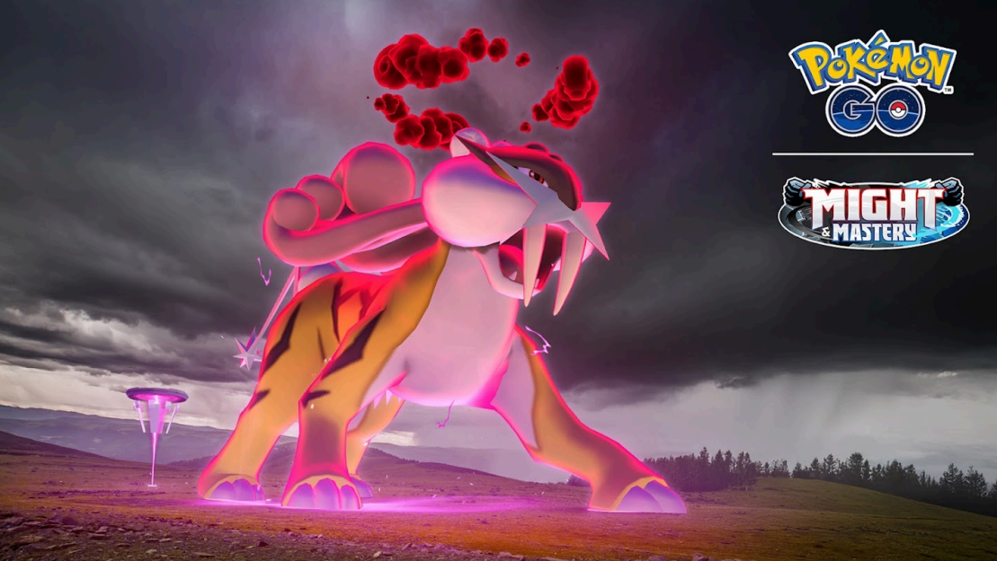 a Dynamax Raikou roars! It is on a rocky mountain top, with a dark looming sky and clouds swirling above. In the top right corner are the Pokémon GO logo,and the Might and Mastery Season logo
