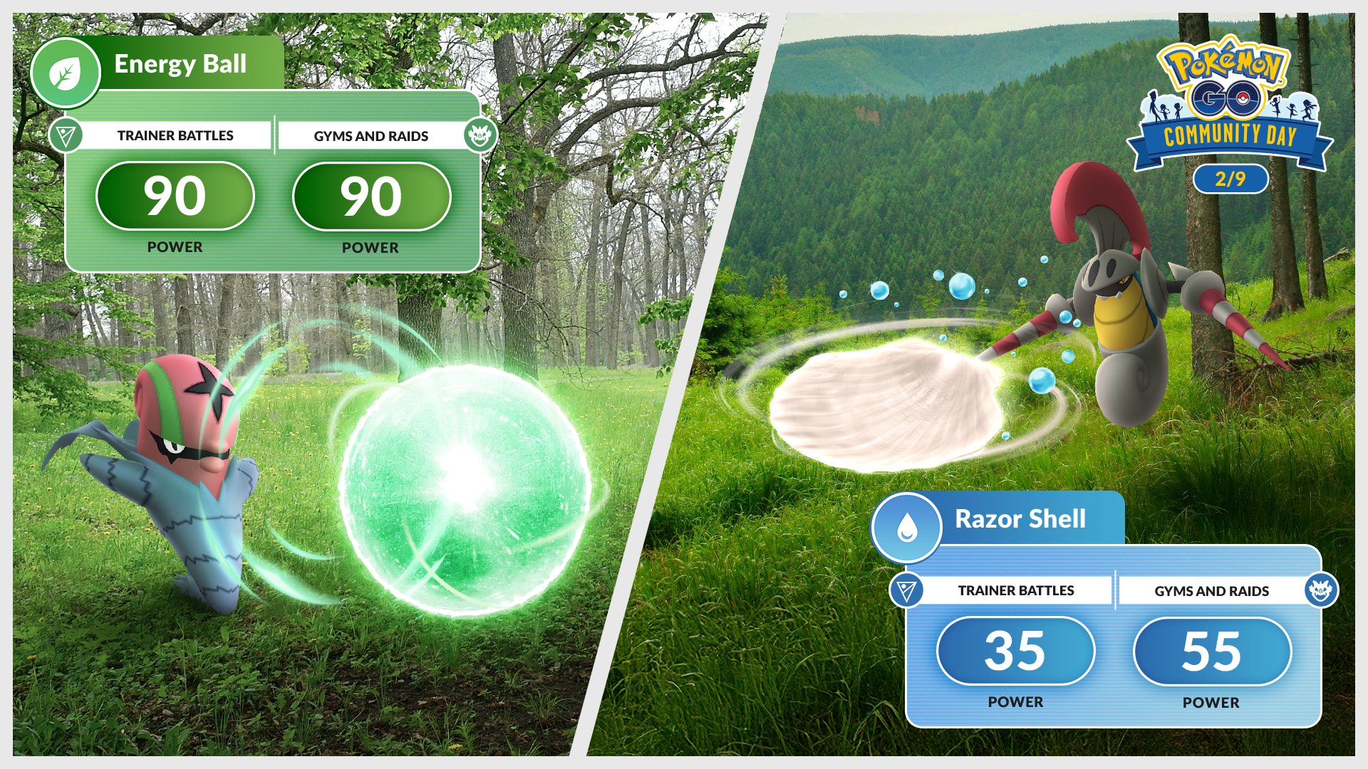 A banner is split in two with a slightly diagonal white line between the two sides. On the left an Accelgor emits a green circle of energy in attack, in a forest setting. Above it in green banners text reads Energy Ball Trainer Battles 90 Power Gyms and Raids 90 Power. On the right Escavalier is throwing a white shell with blue bubbles around it in a hilly forest. In the top right a logo reads Pokémon GO Community Day 2/9. Below it in a blue banner text reads Razor Shell Trainer Battles 35 power Gyms and raids 55 power