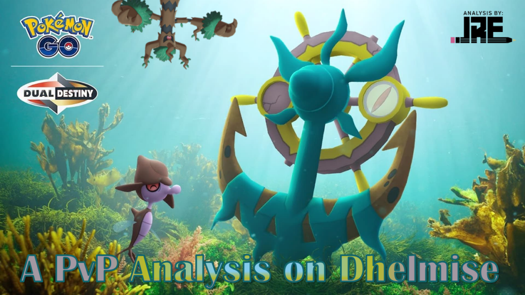 In a deep underwater setting, a Skrelp is pictured next to a Dhelmise. The bottom of the ocean is covered in seaweed and kelp, and the water is green, with sun rays shining through it. In the top left are the Pokémon GO and Dual Destiny logos. By the logos on the top left is a Trevenant peeking into frame upside down. In the top right text states analysis by JRE. Along the bottom of the image reads A PvP Analysis on Dhelmise
