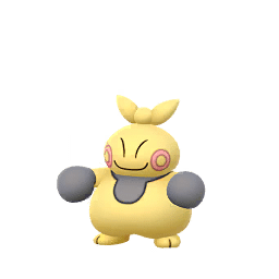A short, stout, humanoid Pokémon with a round yellow body and thick arms. It has black markings on its hands and feet, a small red marking on its cheeks, and a knot-like structure on its head resembling a tied-up bag.