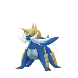 Samurott: A quadrupedal, armored sea lion-like Pokémon with a blue body, cream-colored fur, and a large horn resembling a blade. It has a regal presence with fierce red eyes.