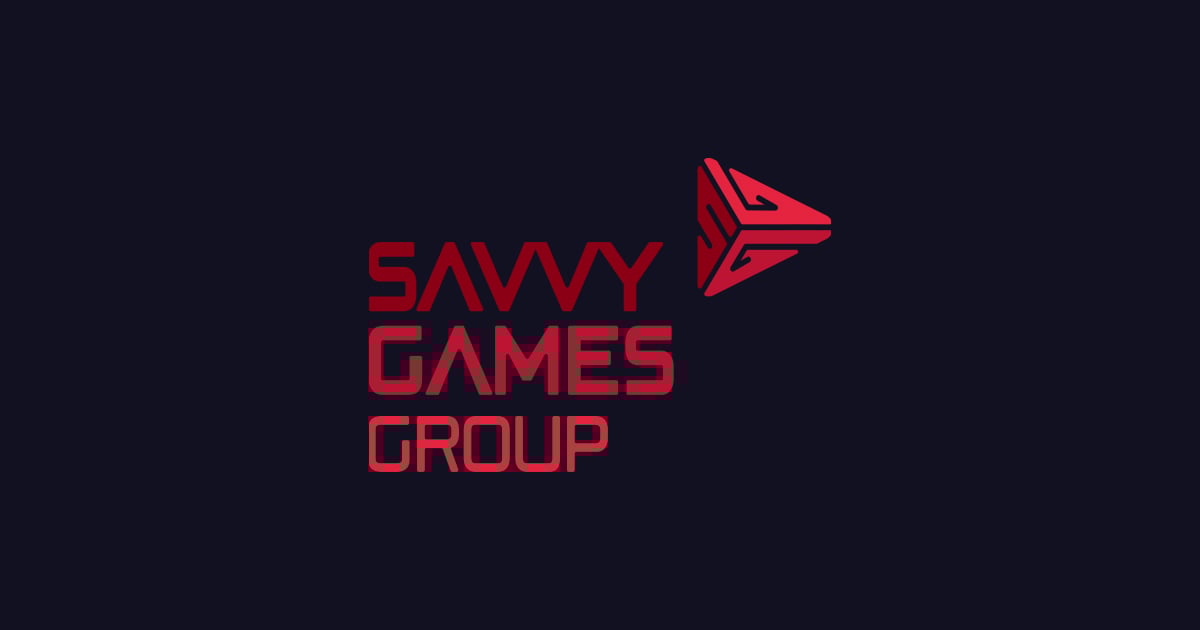 A black background has red text on it that reads Savvy Games Group, with a triangular logo