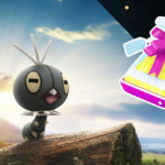 A Scatterbug is posed on a log looking up into the sky towards a Pokémon GO gift. The sun is setting behind them and makes a beautiful burst of light behind the Scatterbug. On the top left is the Pokémon GO Dual Destiny logos. On the right top corner behind the gift is a panel of black background with gold rings on it