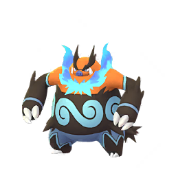 Shiny Emboar: A large, muscular, boar-like Pokémon with a dark blue body, black fur, and a fiery beard. It has powerful arms, thick legs, and a flame pattern on its chest.