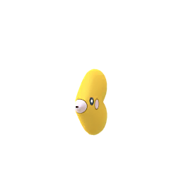 A heart-shaped, golden-yellow fish-like Pokémon with large lips, beady black eyes, and a small dorsal fin