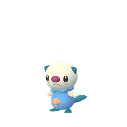 Shiny Oshawott: A small, bipedal, otter-like Pokémon with a light teal body, white face, and a shell on its belly. It has large eyes, small ears, and a playful expression.