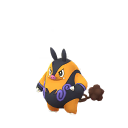 Shiny Pignite: A stout, bipedal, pig-like Pokémon with a golden-yellow body, black markings, and a flame-like pattern on its chest. It has large ears, a curly tail, and strong arms.