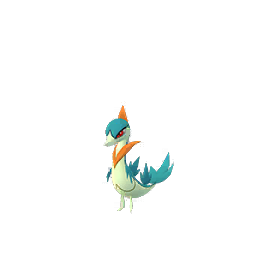 Shiny Servine: A slender, teal-colored, snake-like Pokémon with yellow markings and a blue leafy tail. It has red eyes, curled leaf-like structures on its body, and an elegant posture.