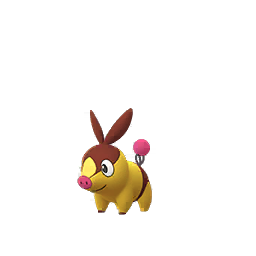 Shiny Tepig: A small, quadrupedal, pig-like Pokémon with a golden-yellow body, black markings on its face and back, and a round red nose. Its tail has a small puff at the end.
