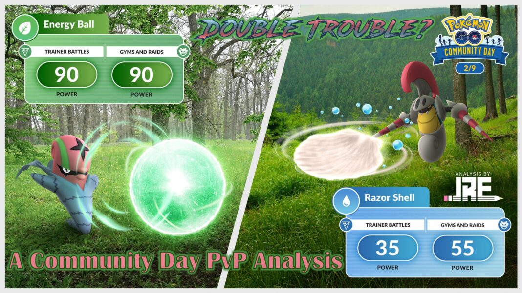 A banner is split in two with a slightly diagonal white line between the two sides. On the left an Accelgor emits a green circle of energy in attack, in a forest setting. Above it in green banners text reads Energy Ball Trainer Battles 90 Power Gyms and Raids 90 Power. On the right Escavalier is throwing a white shell with blue bubbles around it in a hilly forest. In the top right a logo reads Pokémon GO Community Day 2/9. Below it in a blue banner text reads Razor Shell Trainer Battles 35 power Gyms and raids 55 power. In the top centre text reads Double Trouble? At the bottom text reads A Community Day PvP Analysis. Analysis by JRE