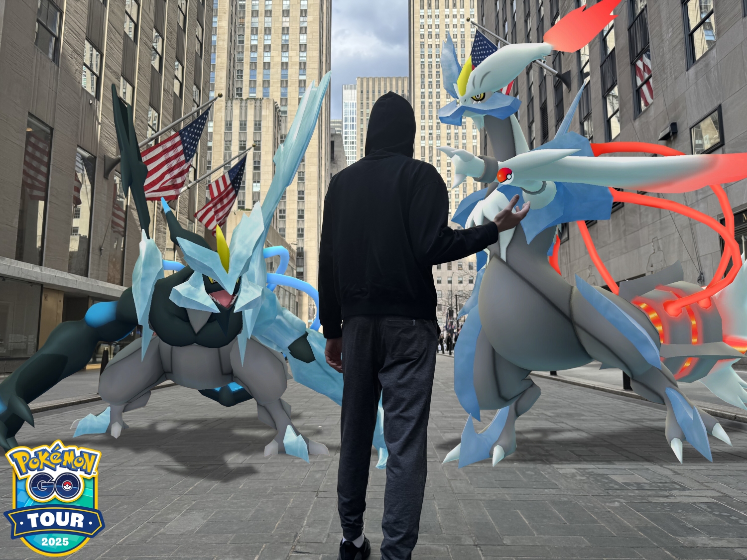 A Black and White Kyurem face off against a Pokémon GO trainer