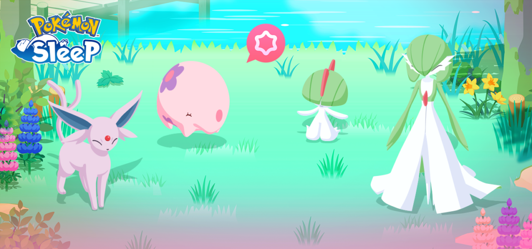 Psychic Week banner for Pokémon Sleep, set on Lapis Lakeside with Espeon, Munna, Ralts and Gardevoir