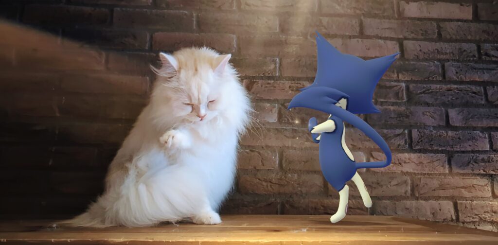 A shiny Purrloin dances with a white long haired cat
