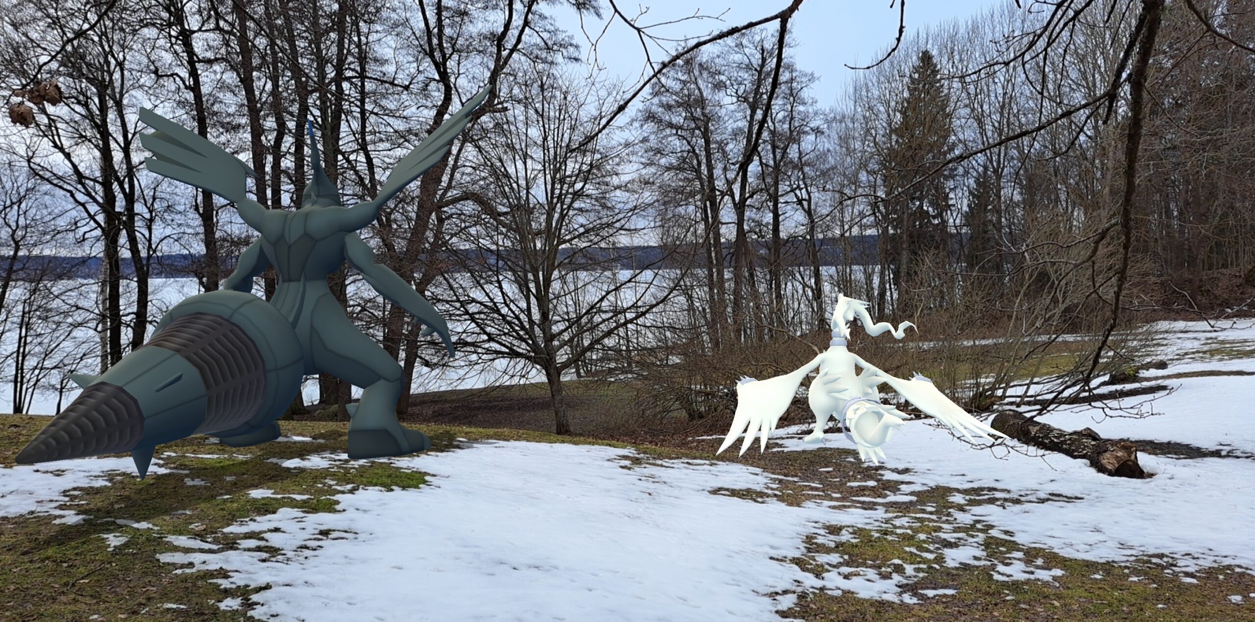 A Zekrom and Reshiram stand with their backs to the camera in the snow