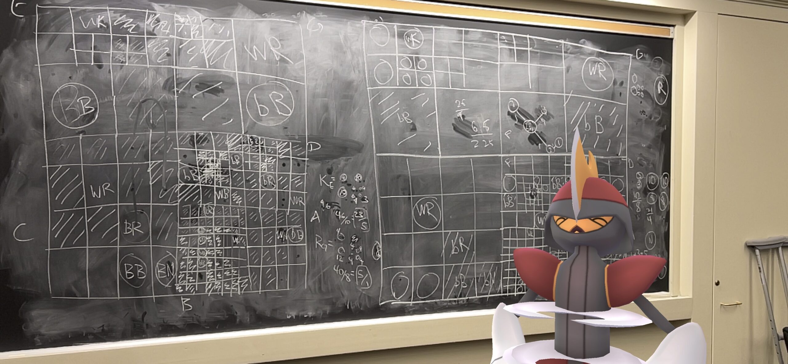 Pokémon GO AR photo of a Bisharp looking frustrated by a complicated maths question in chalk on a blackboard