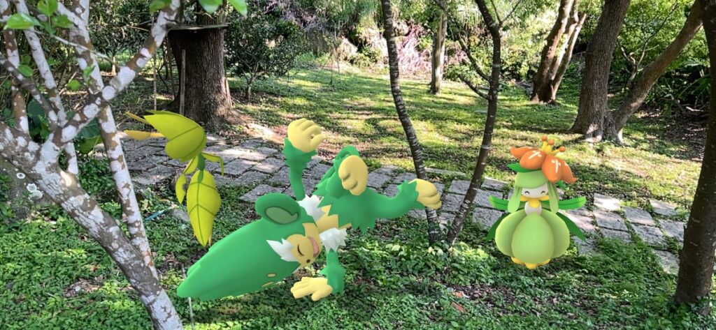 Lilligant, Simisage, and Leavanny decide to dance in the mountain meadows.