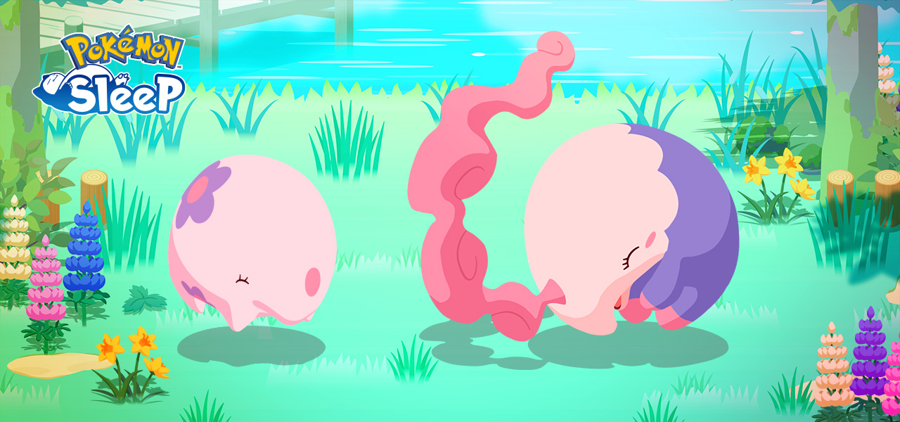 in Pokémon Sleep style art, Munna and Musharna float on an icy green area in fromtof a lake. In the top left is the Pokémon Sleep logo