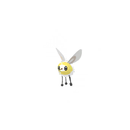 A small, bee-like Pokémon with a round, cream-colored body and large, transparent wings. It has big black eyes, a tiny snout, and pink markings above its eyes resembling eyebrows.