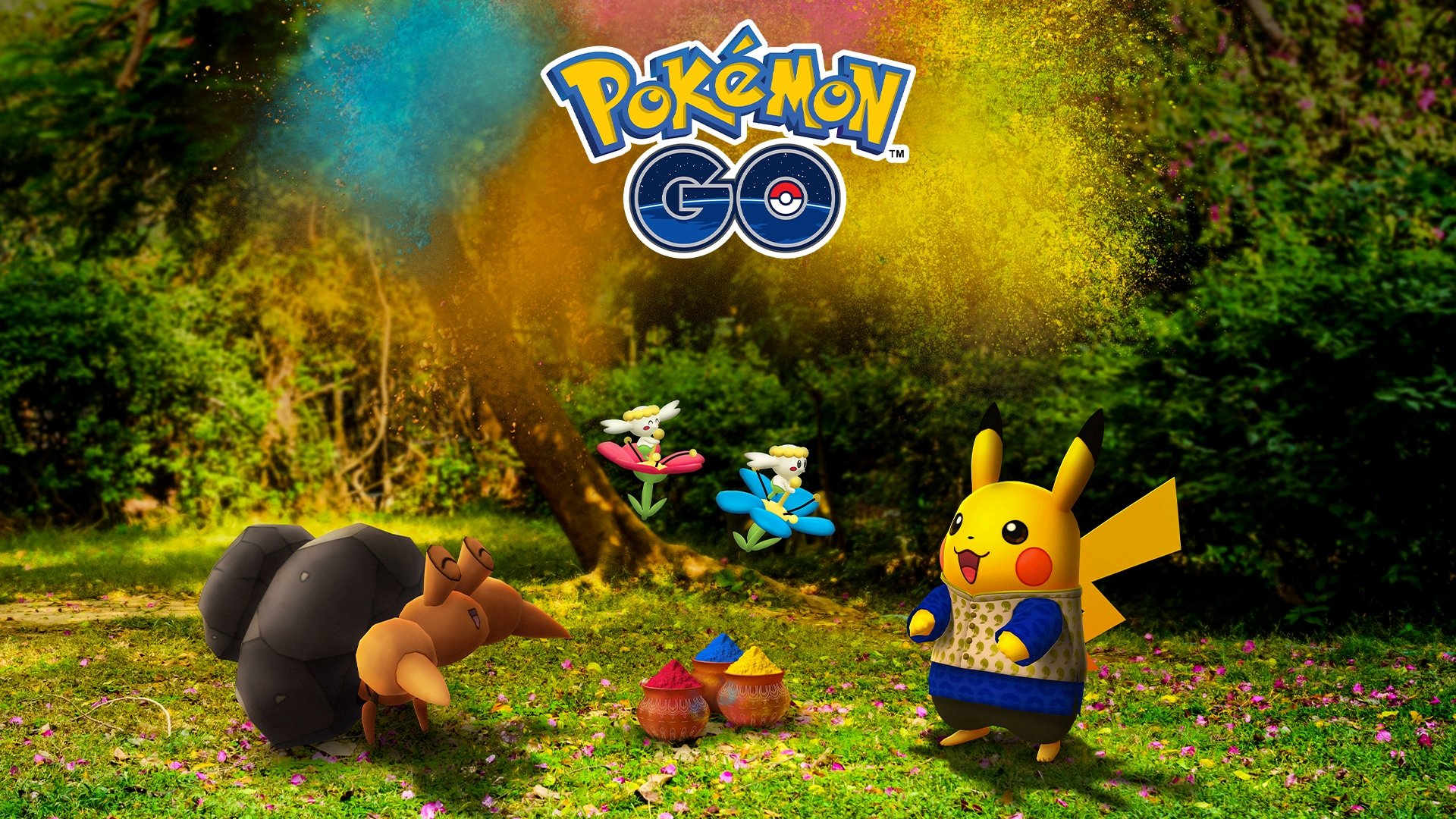 Pikachu wearing a Kurta, Dwebble and two Flabebe take part in the Festival of Colors