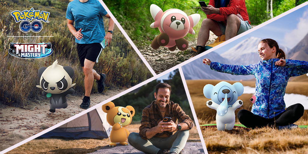 A banner has 4 separate segments. Each features a Pokémon trainer with their fuzzy buddy, Pancham, Stufful, Cubchoo and Teddiursa.