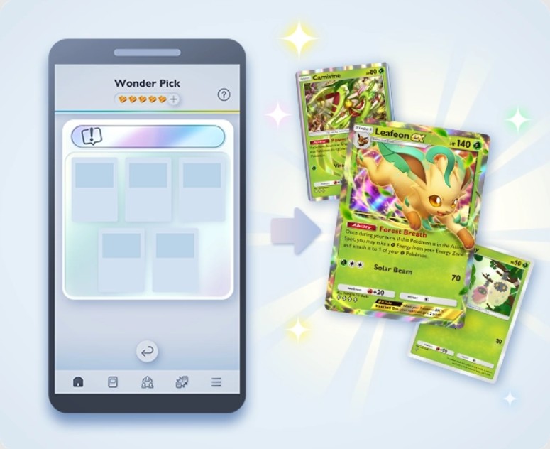 pokemon tcg pocket grass-type wonder pick featuring leafeon ex,carnivine and burmy cards