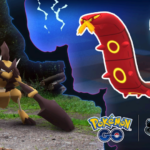 A Kleavor is in a rocky environment on the left, on the right a Sizzlipede floats in a thunder storm sky. In the bottom right are the Pokémon GO logo and the Might and Mastery season logo