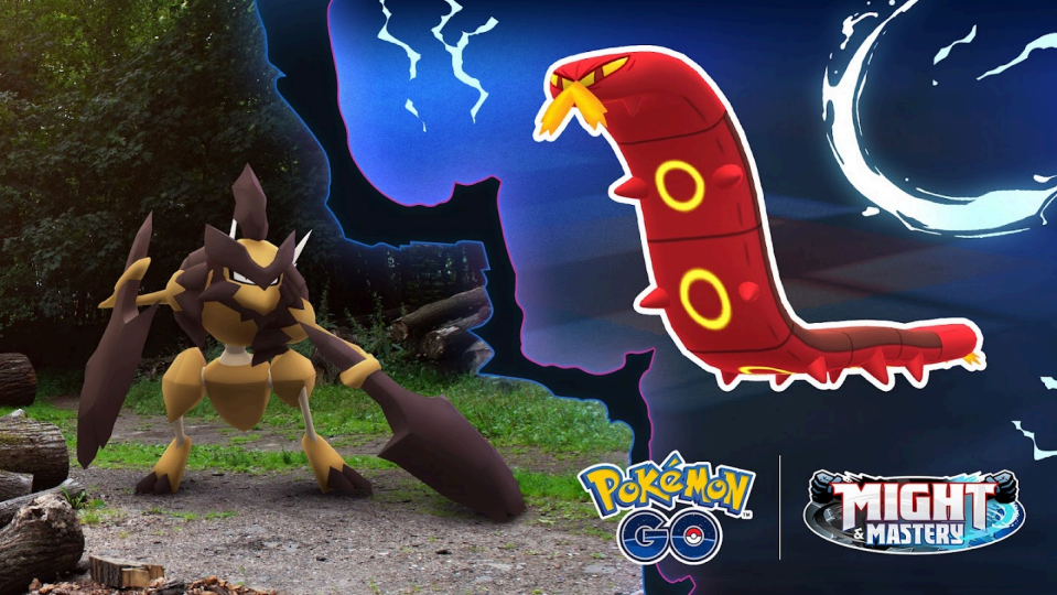 A Kleavor is in a rocky environment on the left, on the right a Sizzlipede floats in a thunder storm sky. In the bottom right are the Pokémon GO logo and the Might and Mastery season logo