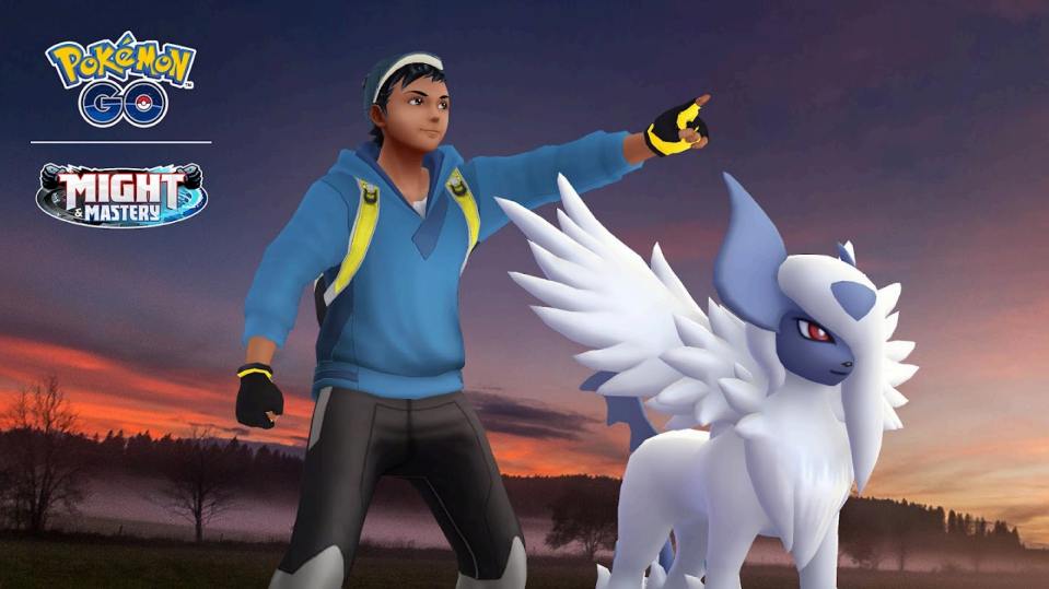 With a dark sky and a sunset in the background, a Pokémon trainer points to the right of the image, with a Mega Absol next to them. In the top left corner are the Pokémon GO, and Might and Mastery Season logos