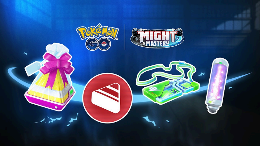 a dark blue background has the Pokémon GO and Might and Mastery logos in the top centre. Underneath are a gift, an XL Candy in a red circle, a battle pass, and a Max Particle pack
