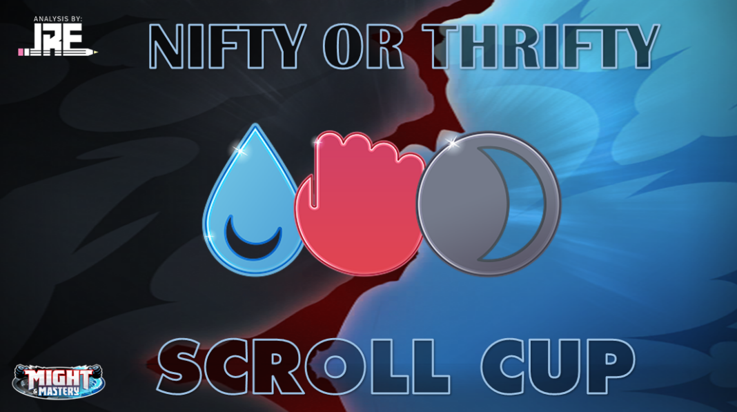 a black and blue banner with the water, fighting and dark type icons in the centre. The top of the banner reads Analysis by JRE. Nifty or Thrifty. The bottom of the banner reads Scroll Cup