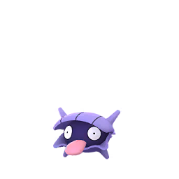 A small, purple, bivalve Pokémon with a round, black face and large, white eyes. Its tongue sticks out playfully, and its shell has a jagged, spiky edge.