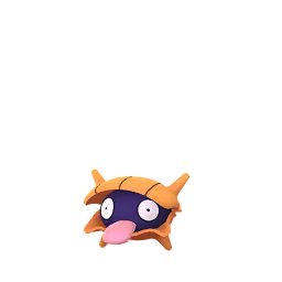A golden-orange variant of Shellder with the same round, black face and large, white eyes. Its tongue remains visible, contrasting against its spiky shell.