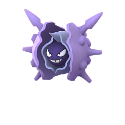 A larger, deep purple, clam-like Pokémon with a spiky, armoured shell. Its dark face peers out from the centre, with sinister-looking eyes.