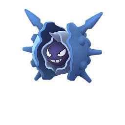 A bluish-grey version of Cloyster, with the same spiky shell and dark, menacing face peeking out from within.
