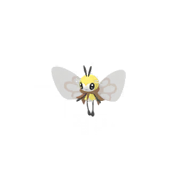 A larger, butterfly-like evolution of Cutiefly with a round yellow-and-brown body. It has big, fluffy white fur around its neck, large eyes, and wide wings decorated with intricate patterns.